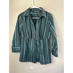 y2k Apt 9 Stretch Teal Brown Blue Stripe Button Up Shirt Size M 2000s Office